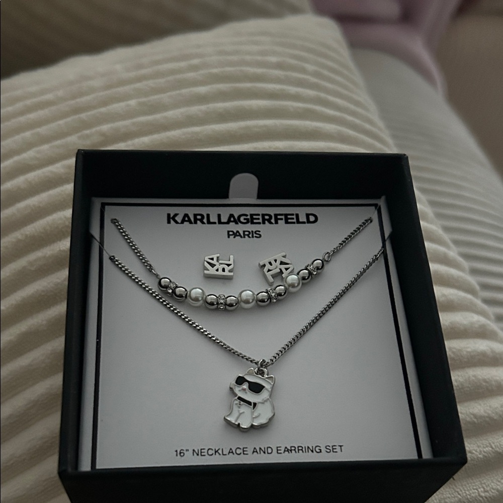 Karl Lagerfeld Silver Beaded Choker & Pendant Necklace Set